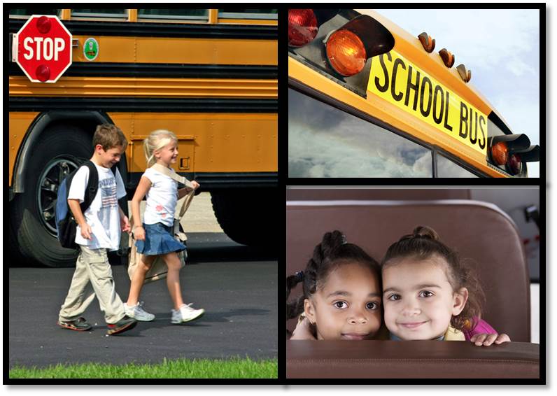 Transistion to Kindergarten collage of kids near and on school bus