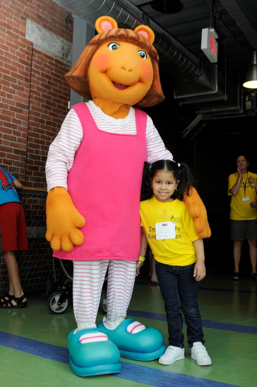 An incoming kindergartener meets D.W. from the popular Arthur series at the Countdown to Kindergarten Celebration at Boston Children’s Museum.